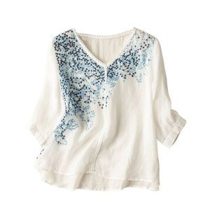 KOMILI White Embroidered Three Quarter Sleeve V Neck Top Size L
